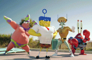 Bikini Bottom’s superheroes: Mr. Superawesomeness a.k.a. Patrick Star, The Invincibubble a.k.a. SpongeBob SquarePants, Sour Note a.k.a. Squidward, and Sir Pinch-ALot a.k.a. Mr. Krabs.