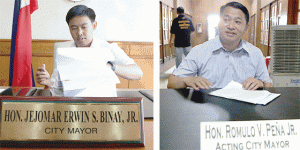 ONE CITY, TWO MAYORS Makati Mayor Jejomar Erwin Binay Jr., who was preventively suspended by the Office of the Ombudsman, continues to hold office at the city hall as he insists that he remains in authority by virtue of a temporary restraining order issued by the Court of Appeals as Vice Mayor Romulo Peña carries out his function as the city’s ‘acting mayor’ in his de facto office at the old city hall building. PHOTOS BY RENE DILAN