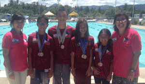 Record-breakers Stephen Guzman, Sean Terence Zamora, Kyla Soguilon and Micaela Jasmine Mojdeh with Philippine Swimming League President Susan Papa and Secretary General Maria Susan Benasa. CONTRIBUTED PHOTO