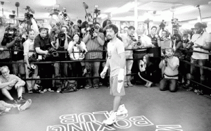 Manny Pacquiao meets fans and members of the media during a workout.  AFP PHOTO