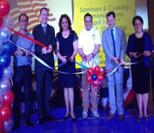 The officials at the ribbon cutting ceremony of US Fine Foods Show in Cebu City (from left) Joel Pascual, president of Premiere Events Plus Group; Simon Ramsay, hotel manager of Radisson Blu Hotel; Julie Najar, president of Hotel, Resort and Restaurant Association of Cebu; Gene Cordova, president and chairman of American Hospitality Academy; Ralph Bean, Agricultural Counselor of US Department of Agriculture, Foreign Agricultural Service in Manila; and Maria Teresa Mempin, mall manager of SM City Cebu