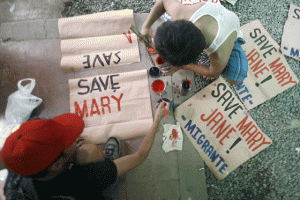 SAVING MARY  Doing their share in last-ditch efforts to save Mary Jane Veloso from execution by firing squad In Indonesia, members of party-list group Migrante on Sunday prepare placards at their head office in Quezon City for their vigil at the Indonesian Embassy. Veloso, according to the Department of Foreign Affairs, has refused to sign a Notice of Execution. PHOTO BY MIGUEL DE GUZMAN