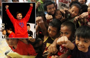 ONE BIG FIGHT Children from the Baseco area in Tondo, Manila (background) raise their fists to show their support for boxing idol Manny Pacquiao who will be facing undefeated Floyd Mayweather in a long overdue bout in Las Vegas, Nevada. Photos by Melyn Acosta and AFP  