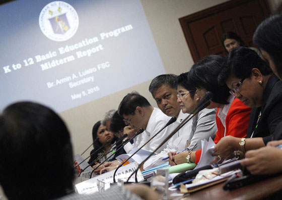 Education department officials led by Secretary Armin luistro (center) appear before the Senate Committee on Education on Tuesday where the controversial K plus 12 program was discussed. PHoto by Ruy l. Martinez