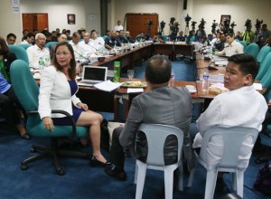 ODE TO ‘JOEY’ Whistleblower Rhodora Alvarez (left), who used the alias Joey in The Manila Times expose, gestures during her presentation before the Senate blue ribbon committee on Wednesday.  PHOTO BY RENE H. DILAN  