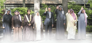 CLOSE TIES US President Barack Obama (C) poses for a family photo with leaders of the Gulf Cooperation Council (GCC) during a summit meeting at Camp David in Maryland on May 14, 2015. From L to R, Abu Dhabi Crown Prince and commander of the United Arab Emirates armed forces Mohammed bin Zayed al-Nahyan, Bahrain’s Crown Prince Salman bin Hamad al-Khalifa,Oman’s Deputy Prime Minister Fahd bin Mahmud al-Said, the emir of Kuwait Sheikh Sabah al-Ahmed al-Sabah, Obama, the emir of Qatar Sheikh Tamim bin Hamad al-Thani, Saudi Crown Prince Mohammed bin Nayef and GCC Secretary General Abdullatif bin Rashid al-Zayani.  AFP PHOTO/NICHOLAS KAMM