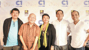 Members of the Manunuri ng Pelikulang Pilipino at the announcement of nominees for this year’s Gawad Urian Awards: (from left) Mario Hernando, National Artist Bienvenido Lumbera, Tito Valiente, and Grace Alfonso with Cinema One channel head Ronald Arguelles