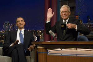 END OF AN ERA This file photo shows US President Barack Obama (L) joking with David Letterman during a taping of the Late Show with David Letterman in New York City.  AFP PHOTO