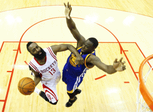 UNSTOPPABLE  James Harden No.13 of the Houston Rockets goes up against Draymond Green No.23 of the Golden State Warriors in the second half during Game Four of the Western Conference Finals of the 2015 NBA Playoffs at Toyota Center in Houston, Texas. AFP PHOTO