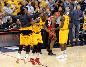 REVELRY  J.R. Smith No.5 and James Jones No.1 of the Cleveland Cavaliers celebrate after defeating the Atlanta Hawks during Game Four of the Eastern Conference Finals of the 2015 NBA Playoffs at Quicken Loans Arena Wednesday in Cleveland, Ohio. AFP PHOTO