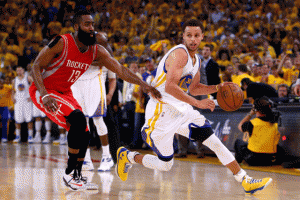 Stephen Curry No.30 of the Golden State Warriors drives on James Harden No.13 of the Houston Rockets in the second half during game five of the Western Conference Finals of the 2015 NBA Playoffs at ORACLE Arena on May 27, 2015 in Oakland, California. AFP PHOTO