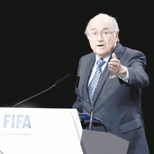 FIFA President Sepp Blatter delivers his speech at the opening of the 65th FIFA Congress in Zurich on Friday. FIFA president Sepp Blatter heads into a re-election vote amid FIFA’s corruption scandal, adamant that only he can clean up the world’s most popular sport.  AFP PHOTO 