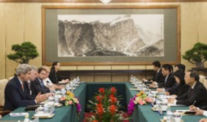 EYEBALL To EYEBALL US Secretary of State John Kerry (left) holds a meeting with China’s State Councilor Yang Jiechi at Diaoyutai State guesthouse in Beijing on Saturday. AFP Photo