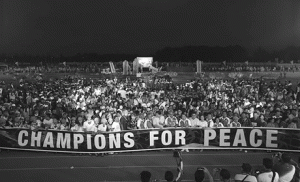 RALLY FOR PEACE  The young athletes who competed in the 2015 Palarong Pambansa in Davao del Norte rally for peace not only in Mindanao but in the entire country as well during the games’ closing ceremony at the Davao del Norte Sports and Tourism Complex in Tagum City. Shown with the athletes from the country’s 17 regions is Davao del Norte Governor Rodolfo del Rosario.  PHOTO BY RENE DILAN