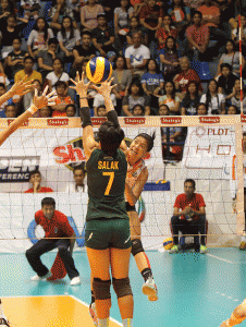 PLDT’s Alyssa Valdez unleashes a vicious kill against Army’s single coverage by setter Tina Salak against the league’s leading spiker as the Ultra Fast Hitters got back at the Lady Troopers in Game 2 to force a sudden death for the Shakey’s V-League Season 12 Open Conference crown at The Arena in San Juan City.  