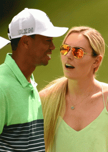 Tiger Woods speaks with US skier Lindsey Vonn during the Par 3 competition at Augusta National Golf Club in Augusta, Georgia. AFP PHOTO