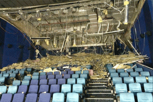 COLLAPSE  The acoustic board ceiling of Ayala Center Cebu’s Cinema 5 collapsed after the sprinkler system of the mall released water. Cebu Holdings Inc., mall owner and operator, in a statement said they are conducting further investigation to determine the cause of the incident. CONTRIBUTED PHOTO