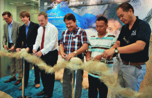 A net cutting ceremony capped the formal presentation of the Net-Works program that turns discarded fishing nets into commercially viable products. From left are: Rob Coombs (Interface Asia-Pacific), Dr Nick Hill (ZSL UK), Stephen Lysaght (British Embassy Manila), Milliard Villanueva (Mayor, Concepcion, Iloilo), Edrich Baron (Guindacpan COMSCA), and Amado Blanco (ZSL Philippines).