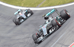 Mercedes AMG Petronas F1 Team’s German driver Nico Rosberg (right) and his teammate British driver Lewis Hamilton compete during the Austrian Formula One Grand Prix on the Red Bull Ring racing circuit in Spielberg, Austria on Monday. AFP PHOTO