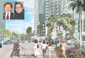 ONE-UPMANSHIP An artist’s perspective of Megaworld’s Uptown Bonifacio Project in Taguig City which would rise from where the Philippine Public Safety College used to hold court. Inset are former interior secretary Ronaldo Puno (right)- and Megaworld’s Andrew Tan