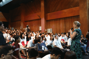 US Embassy Manila Public Affairs Counselor Tina Malone speaks before the students of Angeles University Foundation about the shared responsibility of conserving the world’s oceans