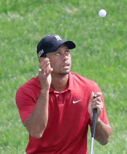 Tiger Woods of the United States catches a ball on the 16th hole during the final round of The Memorial Tournament presented by Nationwide at Muirfield Village Golf Club on Monday in Dublin, Ohio. AFP PHOTO