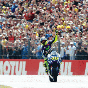 Italian rider Valentino Rossi celebrates his victory during the Dutch MotoGP race in Assen. AFP PHOTO