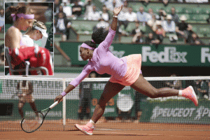 Serena Williams returns the ball to US player Sloane Stephens during the women’s fourth round of the Roland Garros 2015 French Tennis Open in Paris on Tuesday. (insert) Maria Sharapova and Czech Republic’s Lucie Safarova rest during their women’s fourth round match of the Roland Garros 2015 French Tennis Open in Paris. AFP PHOTOS