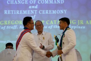 President Benigno S. Aquino III presides over the Change of Command Ceremony from outgoing AFP Chief General Gregorio Pio Catapang, Jr. to newly appointed AFP Chief of Staff Lt. Gen. Hernando Iriberri at the Tejeros Hall of the AFP Commissioned Officer’s Club (AFPCOC), Camp General Emilio Aguinaldo in Quezon City on Friday (July 10, 2015). Iriberri replaced Catapang following the latter's retirement from his Tour of Duty. Lt. Gen. Iriberri is a member of the Philippine Military Academy (PMA) “Matikas” Class of 1983. (Photo by Benhur Arcayan/ Malacañang Photo Bureau)