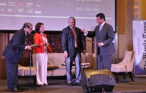 APPRECIATION  Tan Sri Dato Dr. Mohd Munir Abdul Majid, co-chairman of the Asean Business Advisory Council (right), gestures after receiving a plaque of appreciation from Manila Times president, CEO and executive editor Dante F. Ang 2nd (center). Also in picture are Times publisher and editor Rene Q. Bas and editor-in-chief Nerilyn A. Tenorio.  PHOTO BY BONG RANES