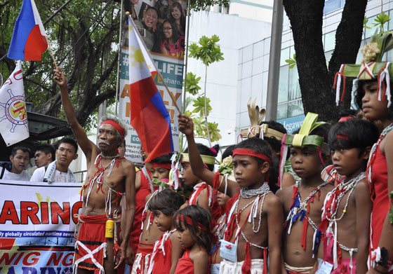  An elderly leader of the Dumagat tribe leads young members of his community in a rally infront of the Chinese Embassy in Makati City to dramatize the fight of the Filipino people against China’s aggression in the West Philippine Sea. PHOTO BY BONG RANES