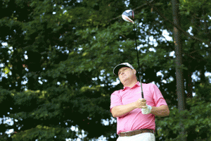 Chad Campbell plays his shot from the 11th tee during round two of the RBC Canadian Open on Saturday at Glen Abbey Golf Club in Oakville, Canada. AFP PHOTO