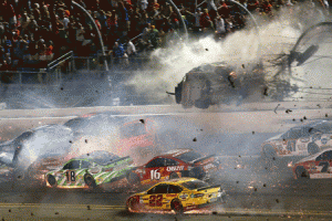 Daytona Beach, Florida: Austin Dillon, driver of the No.3 Bass Pro Shops Chevrolet, is involved in an on-track incident following the checkered flag during the NASCAR Sprint Cup Series Coke Zero 400 Powered by Coca-Cola at Daytona International Speedway on Monday in Daytona Beach, Florida. AFP PHOTO