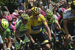 Great Britain’s Christopher Froome, wearing the overall leader’s yellow jersey, takes the start of the 198.5 km thirteenth stage of the 102nd edition of the Tour de France cycling race on Saturday, between Muret and Rodez, southern France. AFP PHOTO