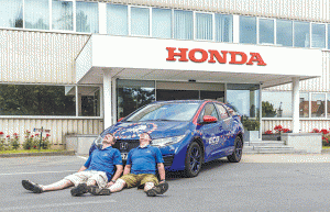After a grueling 13,498 kilometers across Europe onboard the Honda Civic Tourer, Fergal McGrath and Julian Warren take  a breather upon returning to the Honda office in Aalst, Belgium.