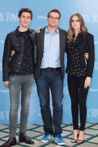 ‘Paper Towns’ author John Green with the film adaptation’s stars, Nat Wolff and Cara Delevingne