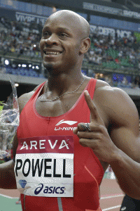Jamaica’s Asafa Powell celebrates after winning the men’s 100m during the IAAF Diamond League athletics meeting at the Stade de France in Saint-Denis, outside Paris, on Sunday.  AFP PHOTO 