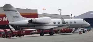 Chris Brown's plane, a Gulfstream with registry number N277GM, parked at the General Aviation Area of the Ninoy Aquino International Airport  on Wedneday. PHOT BY BENJIE VERGARA