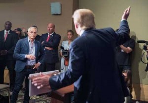 REACHING OUT TO HISPANICS Republican presidential candidate Donald Trump fields a question from Univision and Fusion anchor Jorge Ramos during a press conference held before his campaign event at the Grand River Center on August 25 in Dubuque, Iowa. Earlier in the press conference Trump had Ramos removed from the room when he failed to yield when Trump wanted to take a question from a different reporter. Trump leads most polls in the race for the Republican presidential nomination. AFP PHOTO