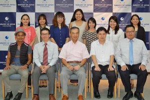 The Philippine representatives to the 2015 JET Program share a moment with Japan Information and Culture Center (JICC) Director Tatsuo Kitagawa, Kazuto Okazaki, and Shinya Yabe before leaving for their yearlong teacher exchange program