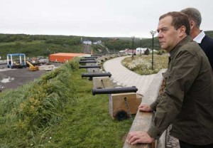 CONTROVERSIAL VISIT  Russian Prime Minister Dmitry Medvedev inspects a port station in the Kitovyi village as he visits Iturup, one of four islands in the chain that lies off Russia’s far eastern coast and just north of Japan, on August 22. Medvedev landed Saturday in the Kuril Islands, prompting a swift rebuke from Tokyo, which claims sovereignty over the northwest Pacific archipelago in a long-running dispute. AFP PHOTO