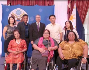 (Standing from left) Assistant Cultural Affairs Officer Elizabeth Liu; SM Vice President for Operations and Program Director of Disability Affairs Bien Mateo; US Ambassador to the Philippines Philip Goldberg; Sen. Juan Edgardo “Sonny” Angara, Cultural Affairs Specialist Pong Aureus; (seated from left) National Council on Disability Affairs Executive Director Carmen Zubiaga, Executive Vice President and CEO of Tahanang Walang Hagdanan Joy Cevallos-Garcia; and Paralympian power lifter Adeline Dumapong