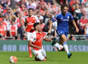 Chelsea’s Spanish defender Cesar Azpilicueta (right) pulls back Arsenal’s English midfielder Alex Oxlade-Chamberlain during the FA Community Shield football match between Arsenal and Chelsea at Wembley Stadium in north London on Monday. AFP PHOTO