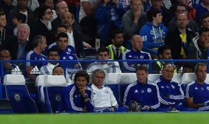 Chelsea’s Portuguese manager Jose Mourinho (front row second from left) sits on the bench with Chelsea’s Brazilian-born Spanish striker Diego Costa (third row second from left) match between Chelsea and Fiorentina at Stamford Bridge in London on Thursday. AFP PHOTO