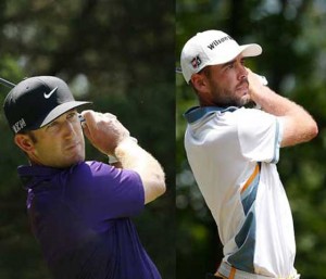 LEADING THE PACK Kevin Chappell (left) watches his tee shot on the sixth hole while Troy Merritt watches his drive on the 15th hole during the third round of the Quicken Loans National at the Robert Trent Jones Golf Club on Sunday in Gainesville, Virginia.  AFP PHOTO