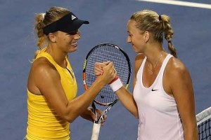 Caroline Wozniaki of Denmark congratulates Petra Kvitova of Czech Republic after their semifinal round match of the Connecticut Open at Connecticut Tennis Center at Yale on Saturday in New Haven, Connecticut. AFP PHOTO