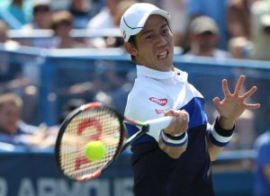 Kei Nishikori of Japan returns a shot to John Isner of the United States in the men’s singles final during the Citi Open at Rock Creek Park Tennis Center on Monday in Washington, DC. AFP PHOTO