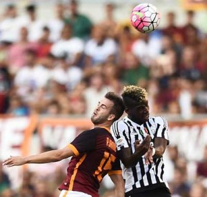 Roma’s midfielder from Bosnia-Herzegovina Miralem Pjanic (left) vies with Juventus’ midfielder from France Paul Pogba during the Italian Serie A football match AS Roma vs Juventus on Monday at the Olympic stadium in Rome. AFP PHOTO