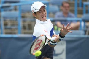 FAST FOREHAND  Kei Nishikori of Japan returns a shot to Sam Groth of Australia during the Citi Open at Rock Creek Park Tennis Center on Saturday in Washington, DC. AFP