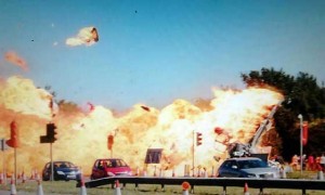 MOMENT OF IMPACT  This photo, posted on Twitter by an unnamed eyewitness, shows the instant a vintage Hawker Hunter fighter jet crashed on a busy highway outside an airshow in Shoreham, UK. At least 7 people on the ground were killed in the accident. 